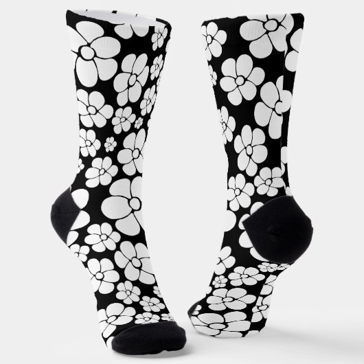Retro Flower Pattern in White op Black Sokken (Gebogen)