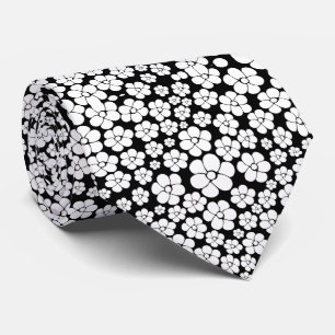 Retro Flower Pattern in White op Black Stropdas