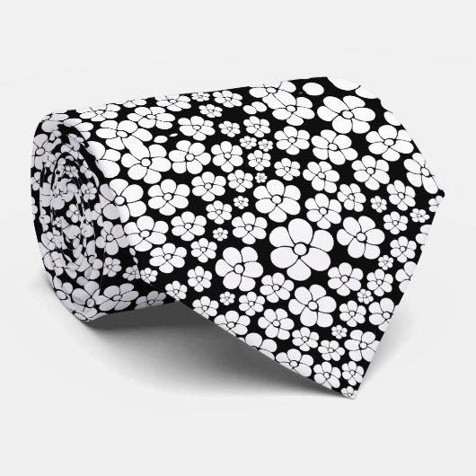 Retro Flower Pattern in White op Black Stropdas (Opgerold)