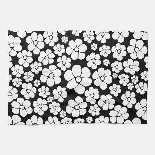 Retro Flower Pattern in White op Black Theedoek (Horizontaal)