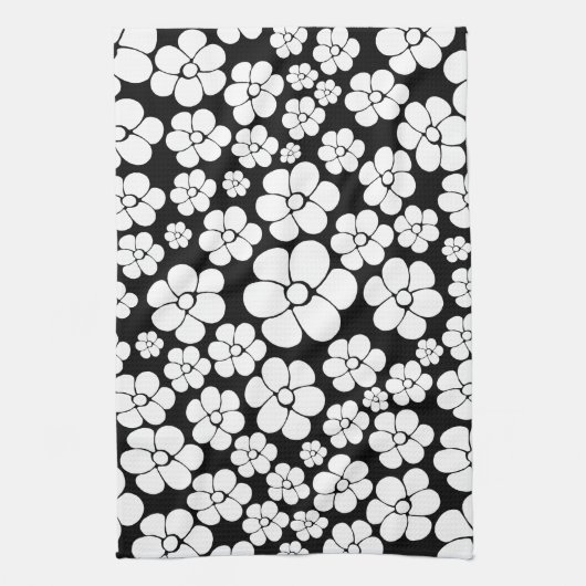 Retro Flower Pattern in White op Black Theedoek (Verticaal)