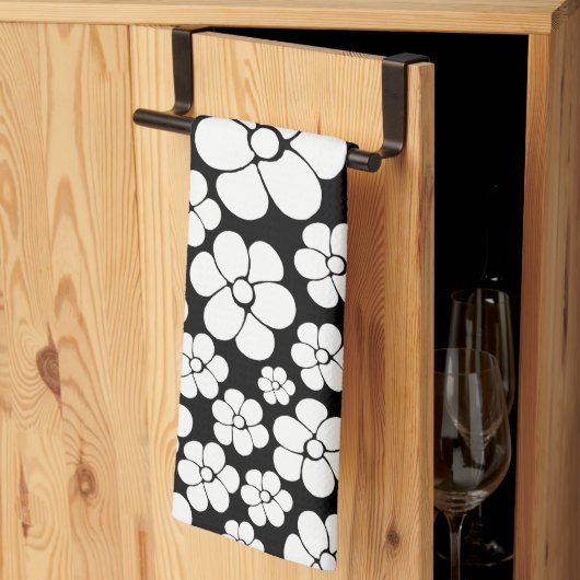 Retro Flower Pattern in White op Black Theedoek (Derde Gevouwen)
