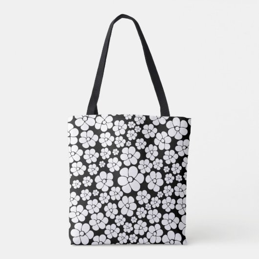 Retro Flower Pattern in White op Black Tote Bag (Achterkant)