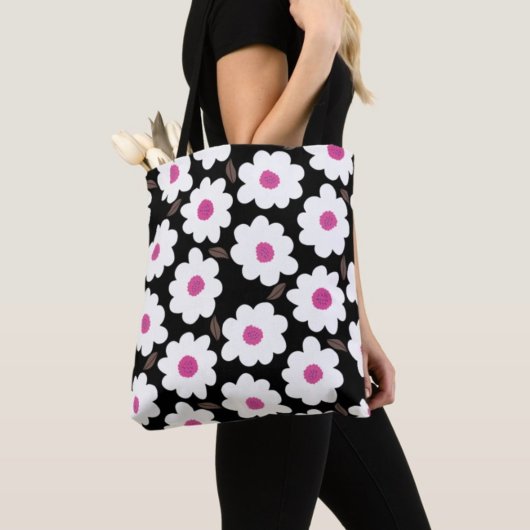Retro Flower Pattern in White op Black Tote Bag