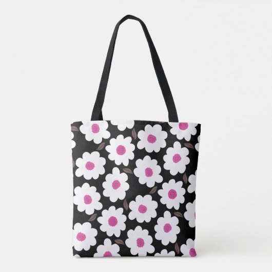 Retro Flower Pattern in White op Black Tote Bag (Achterkant)
