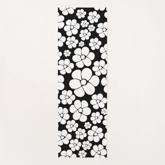 Retro Flower Pattern in White op Black Yogamat (Voorkant)