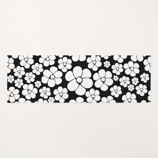 Retro Flower Pattern in White op Black Yogamat (Voorkant (horizontaal))