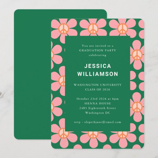 Retro Flower Peace Pink Green Graduparty Kaart (Voorkant / Achterkant)