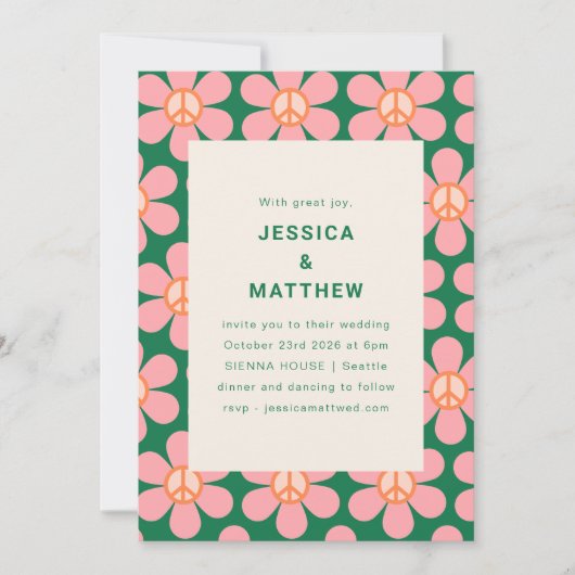 Retro Flower Peace Pink Green Groovy Weddenschap Kaart (Voorkant)