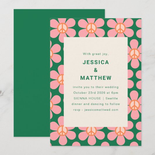 Retro Flower Peace Pink Green Groovy Weddenschap Kaart (Voorkant / Achterkant)