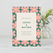Retro Flower Peace Pink Green Groovy Weddenschap Save The Date (Staand voorkant)