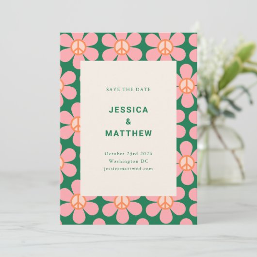 Retro Flower Peace Pink Green Groovy Weddenschap Save The Date (Staand voorkant)