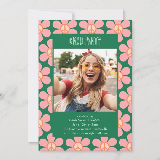 Retro Flower Peace Roze Groen Afstudeerder Party F Kaart (Voorkant)