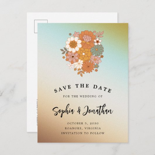 Retro Flower Power QR Code Weddenschap Save the Da Aankondigingskaart (Voorkant / Achterkant)