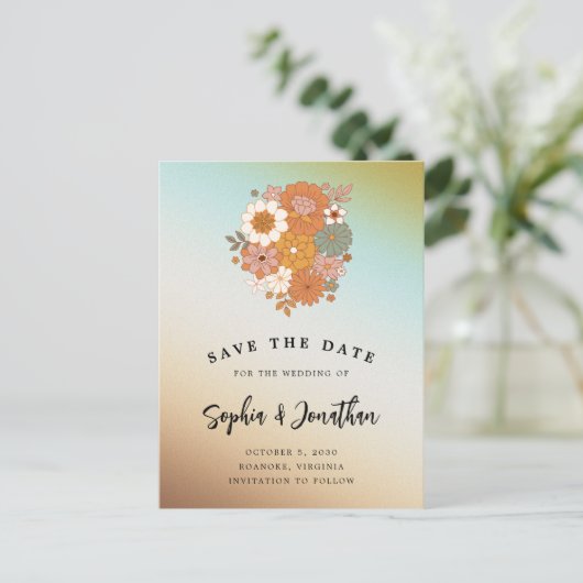 Retro Flower Power QR Code Weddenschap Save the Da Aankondigingskaart (Staand voorkant)