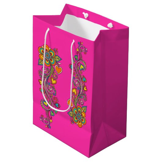 Retro Flower Power Ranken Rand 18 Medium Cadeauzakje (Voorkant Gekanteld)