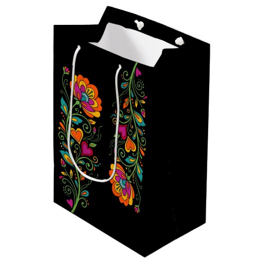 Retro Flower Power Ranken Rand 19 Medium Cadeauzakje (Voorkant Gekanteld)