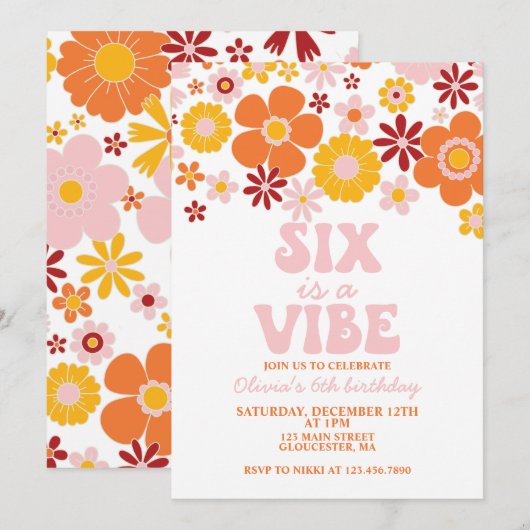 Retro Flower SIX is een Vibe 6e verjaardag Kaart (Voorkant / Achterkant)