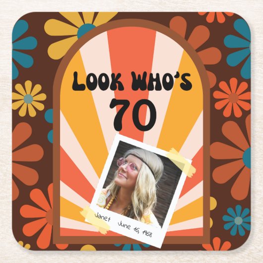 Retro Flower Sunrise Foto Verjaardagspapier Onderz Kartonnen Onderzetters (Voorkant)