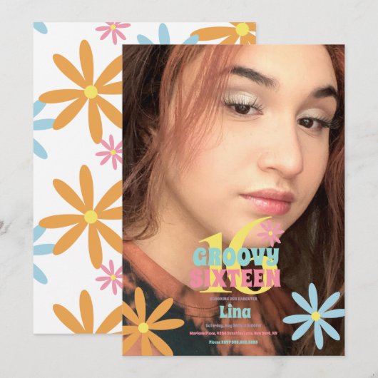 Retro Flower Sweet 16 Birthday Party Photo Kaart (Voorkant / Achterkant)