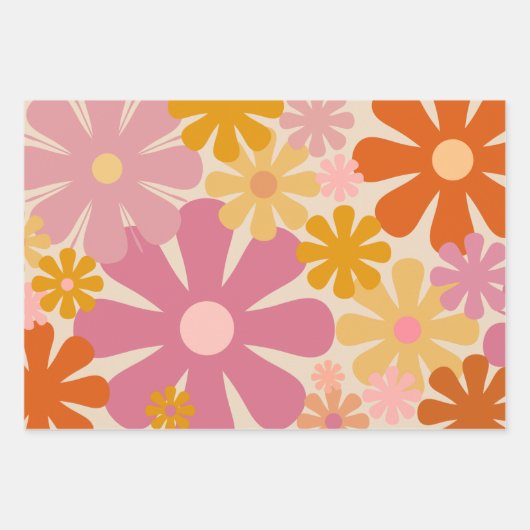 Retro Flowers 60s 70s Aesthetisch Floral Pattern Inpakpapier Vel (Voorkant)