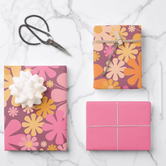 Retro Flowers 60s 70s Aesthetisch Floral Pattern Inpakpapier Vel (Voorkant)