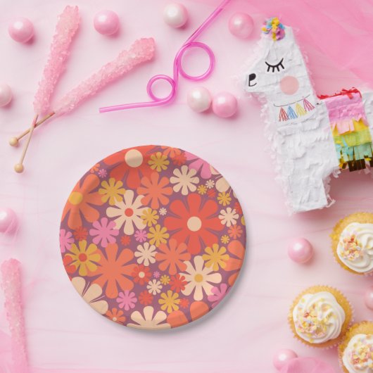 Retro Flowers 60s 70s Aesthetisch Floral Pattern Papieren Bordje (Feest)