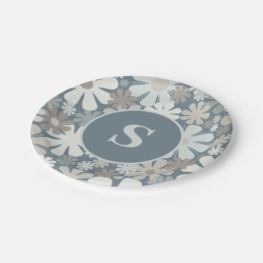 Retro Flowers 60s 70s Aesthetisch Initiaal Papieren Bordje (Gekanteld)