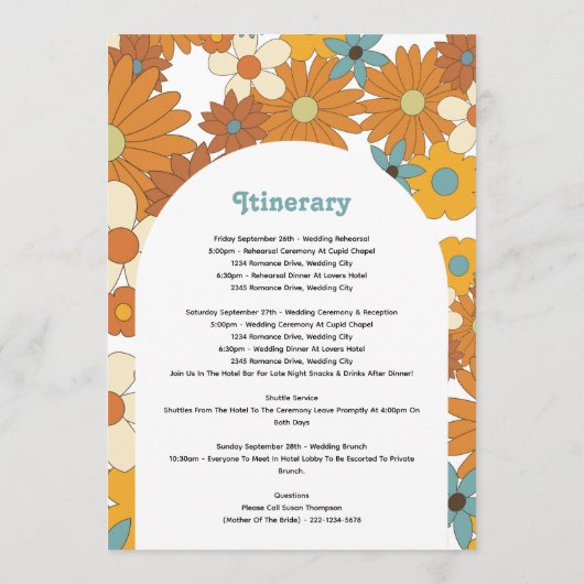 Retro Flowers 60's 70's Arch Wedding Itinerary Programmakaart (Achterkant)