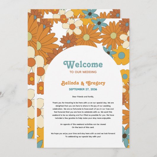 Retro Flowers 60's 70's Arch Wedding Itinerary Programmakaart (Voorkant / Achterkant)