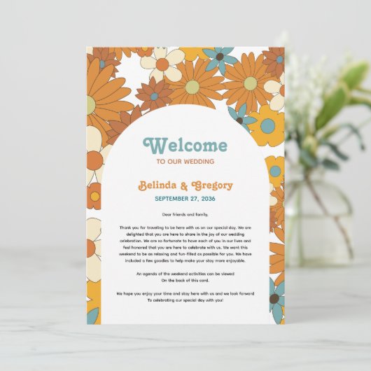 Retro Flowers 60's 70's Arch Wedding Itinerary Programmakaart (Staand voorkant)