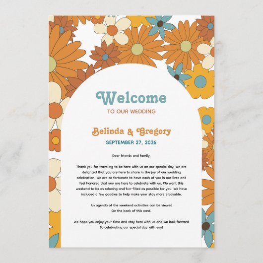 Retro Flowers 60's 70's Arch Wedding Itinerary Programmakaart (Voorkant)