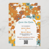 Retro Flowers 60's 70's Arch Wedding QR Code Save The Date (Voorkant / Achterkant)