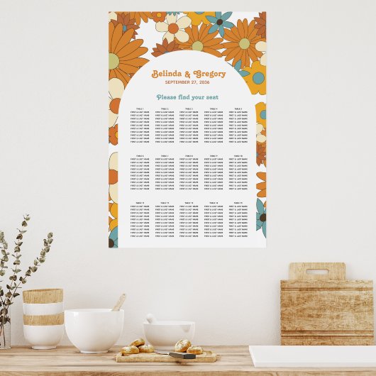 Retro Flowers 60's 70's Arch Wedding Seating Chart Poster (Keuken)