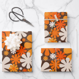 Retro Flowers 60s 70s Floral Pattern Brown Oranje Inpakpapier Vel