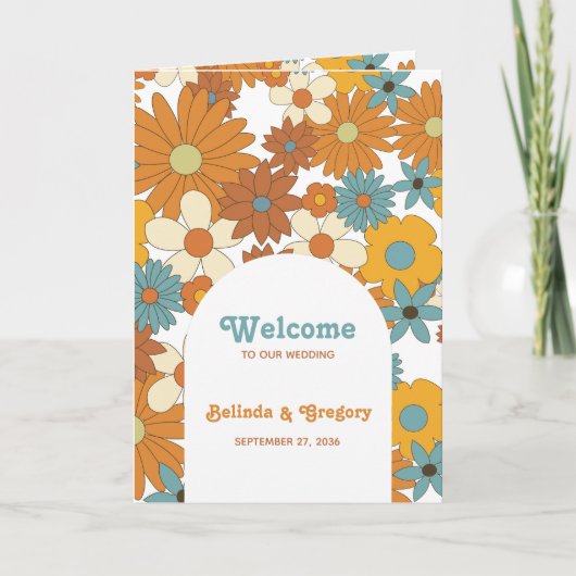 Retro Flowers 60's 70's Wedding Order of Service Programma (Voorkant)