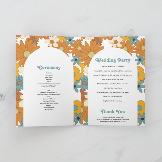 Retro Flowers 60's 70's Wedding Order of Service Programma (Binnen)