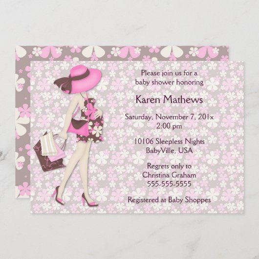 Retro Flowers Baby shower Invitation (roze CA) Kaart (Voorkant / Achterkant)