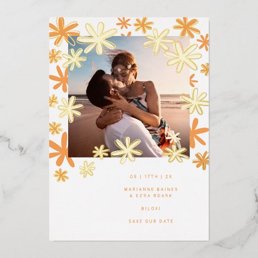 RETRO FLOWERS BEWAAR DE DATUM FOLIE UITNODIGING (Voorkant)