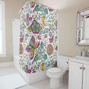 Retro Flowers Birds & Butterflies Colorful Pattern Douchegordijn