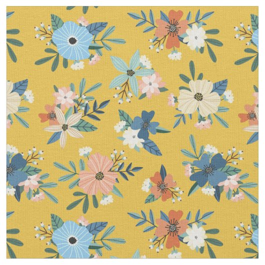 Retro Flowers Blush Yellow Blue Floral Pattern Stof (Close Up)