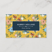 Retro Flowers Blush Yellow Blue Floral Pattern Visitekaartje (Voorkant)