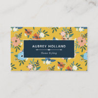 Retro Flowers Blush Yellow Blue Floral Pattern