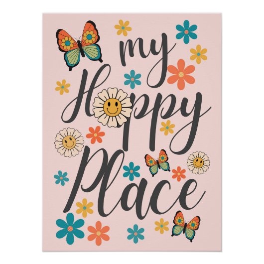 Retro Flowers Butterfly Wall Poster Art (Voorkant)