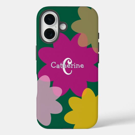 Retro Flowers Donkergroen Custom Naam en Initiaal Case-Mate iPhone Case (Achterkant)