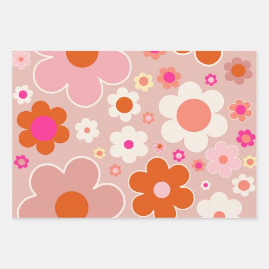 Retro Flowers doorhalen Oranje doornhaai Inpakpapier Vel (Voorkant)