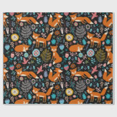 Retro Flowers en Red Foxes naadloos patroon Cadeaupapier (Vlak)