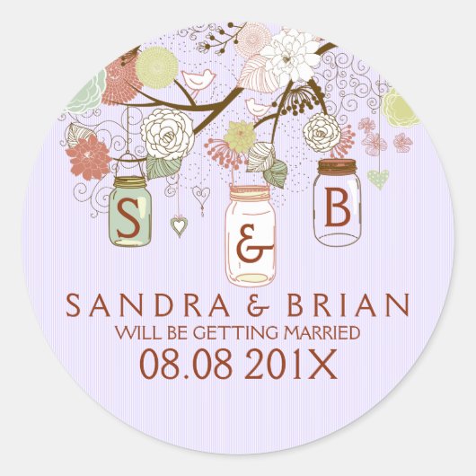 Retro Flowers & Lavender Stripes Hanging Mason Jar Ronde Sticker (Voorkant)