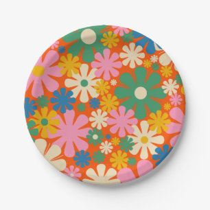 Retro Flowers Multi-Color 60s Floral Pattern (Vent Papieren Bordje