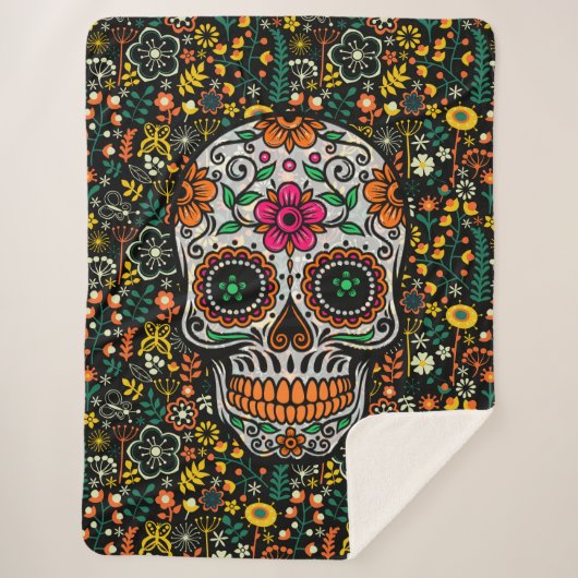 Retro Flowers Patroon Sugar Skull Sherpa Deken (Voorkant)